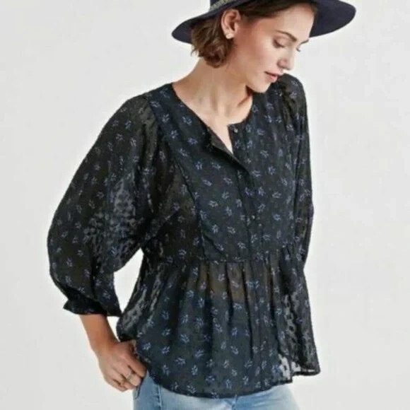 Lucky Brand Tops - LUCKY BRAND Floral Peplum Sheer Peasant Chiffon Blouse Button Up Black Size M